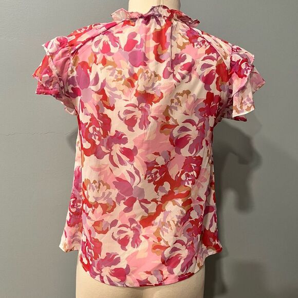 NEW Steve Madden Split Neck Floral Ruffle Flutter Sleeve Chiffon Top Size Small - Picture 5 of 8